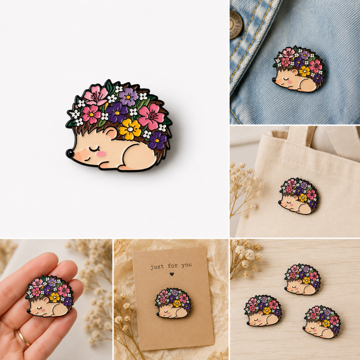 Hedgehog with flowers badge
