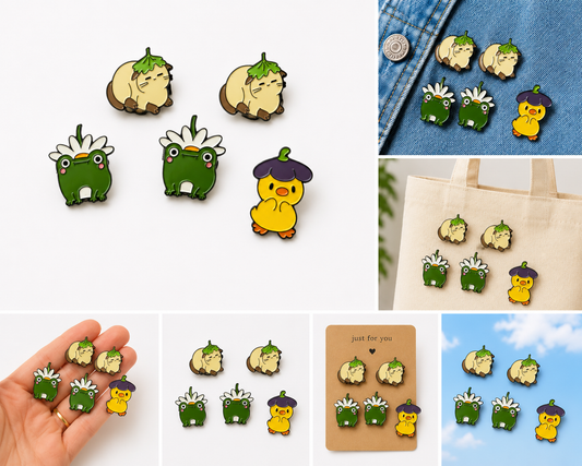Cute frog, duckling, cat badge